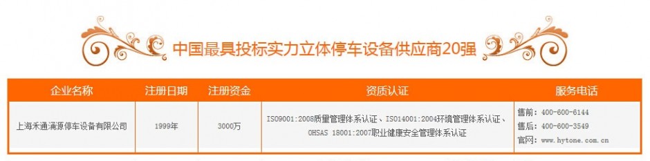 2014中国最具投标实力立体停车设备供应商20强