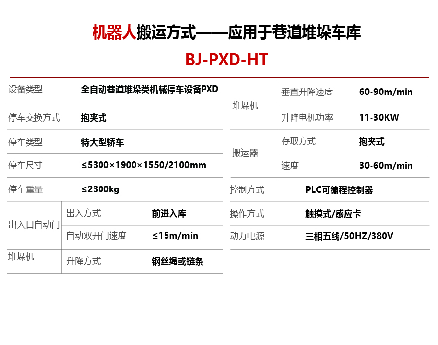 智能停车设备-机器人搬运方式巷道堆垛设备参数S-01